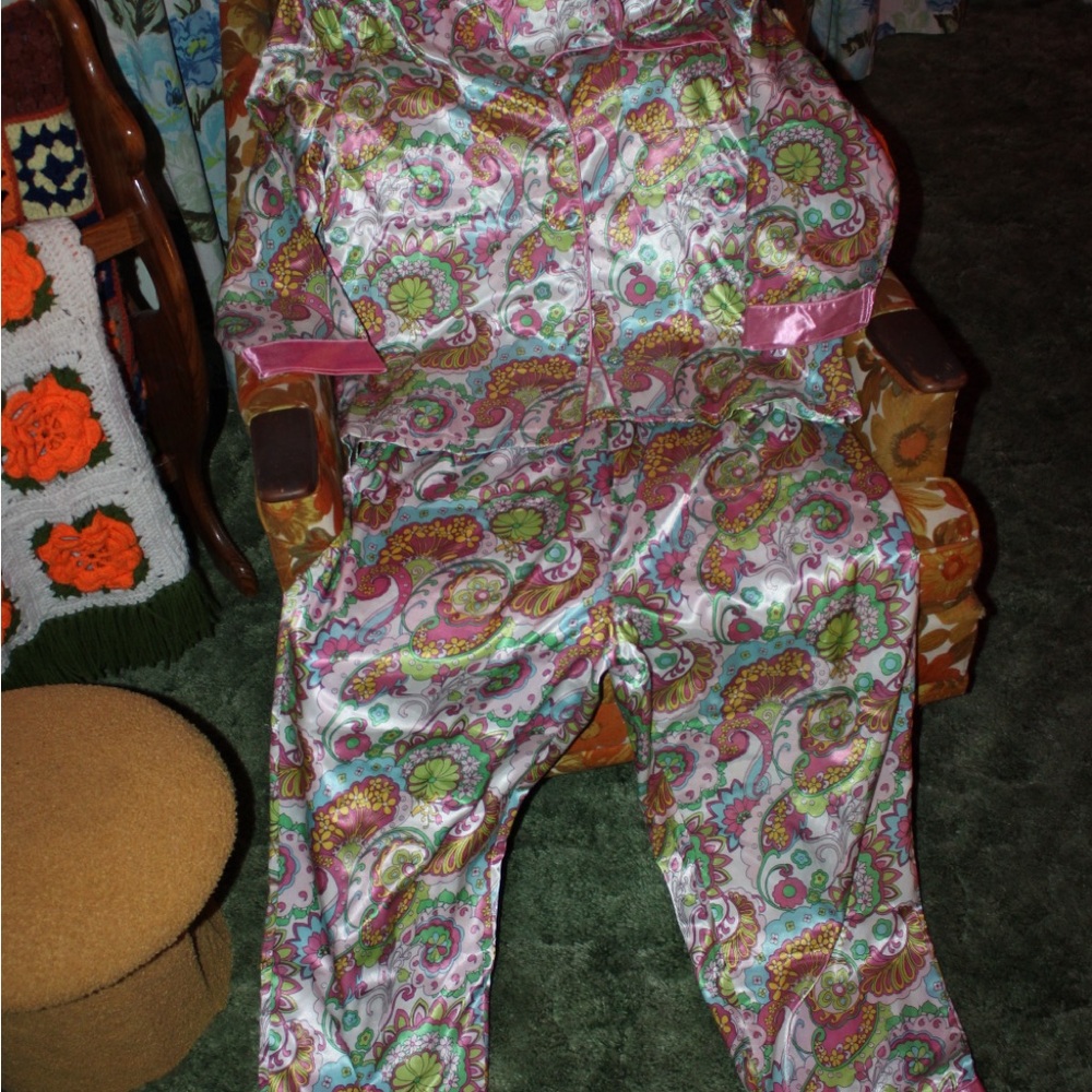Robert Louis Satin Pajama Set Women’s L | Pink Paisley Y2K Sleepwear